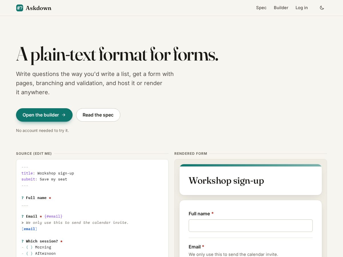 Landing-page snapshot of askdown.dev