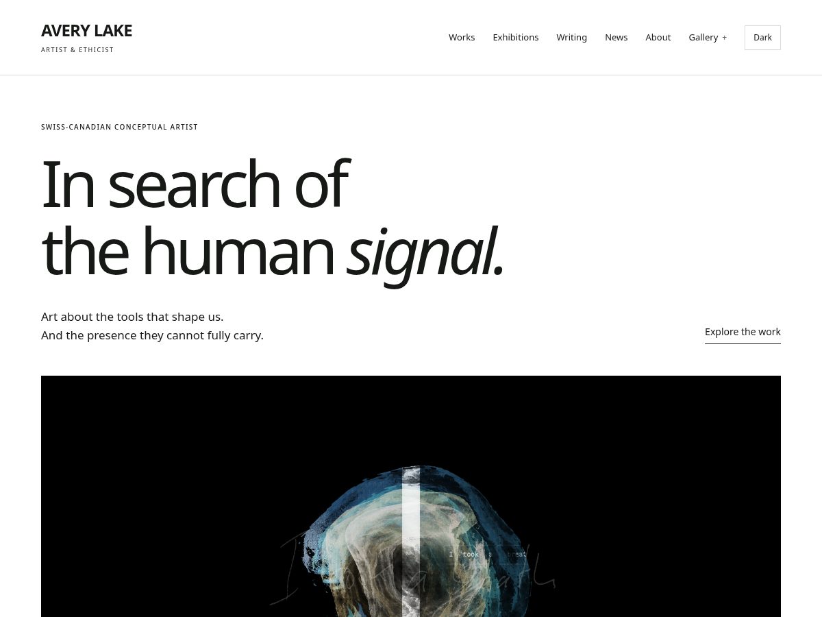Landing-page snapshot of averylake.art
