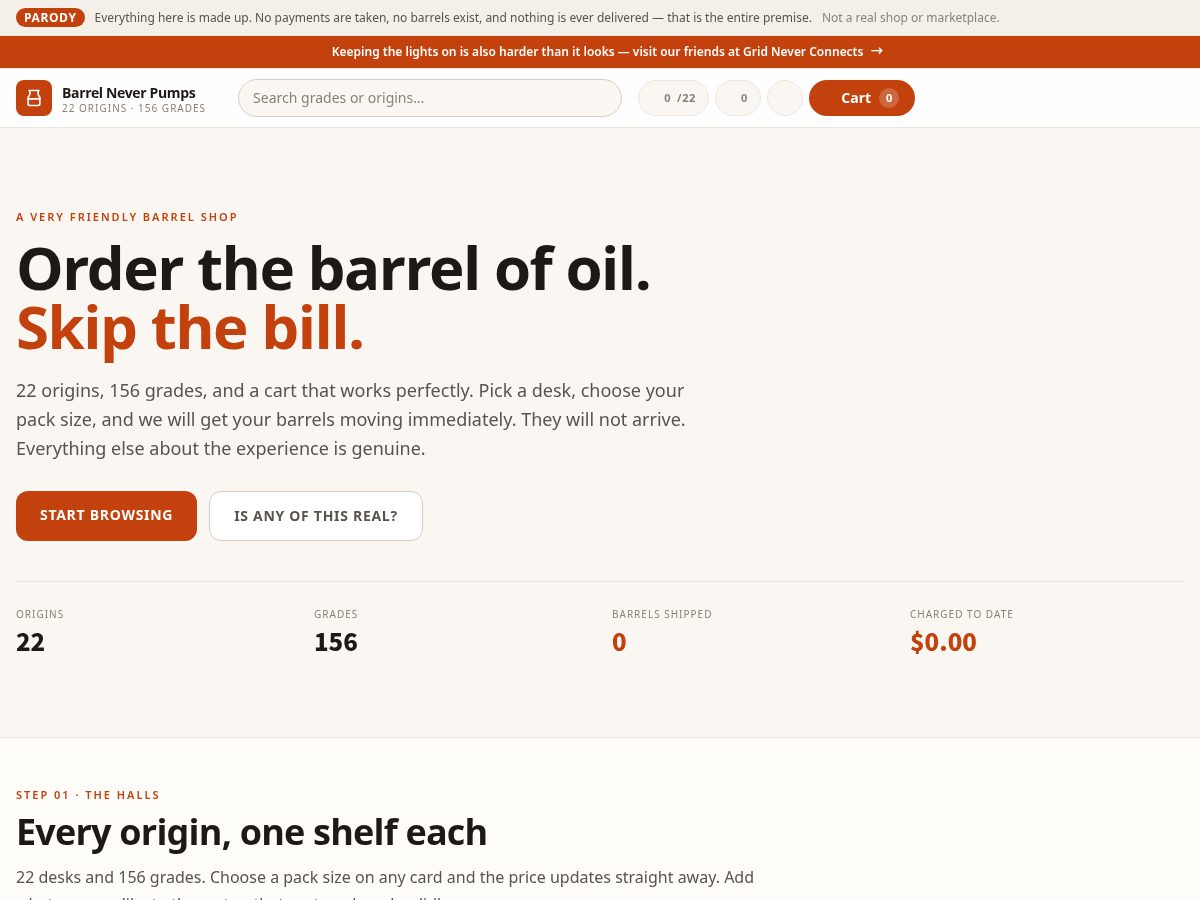 Landing-page snapshot of barrelneverpumps.com