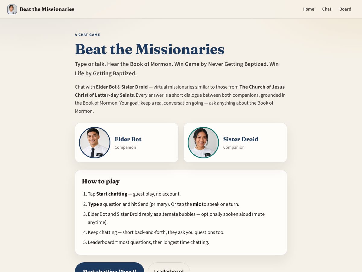 Landing-page snapshot of beatthemissionaries.com