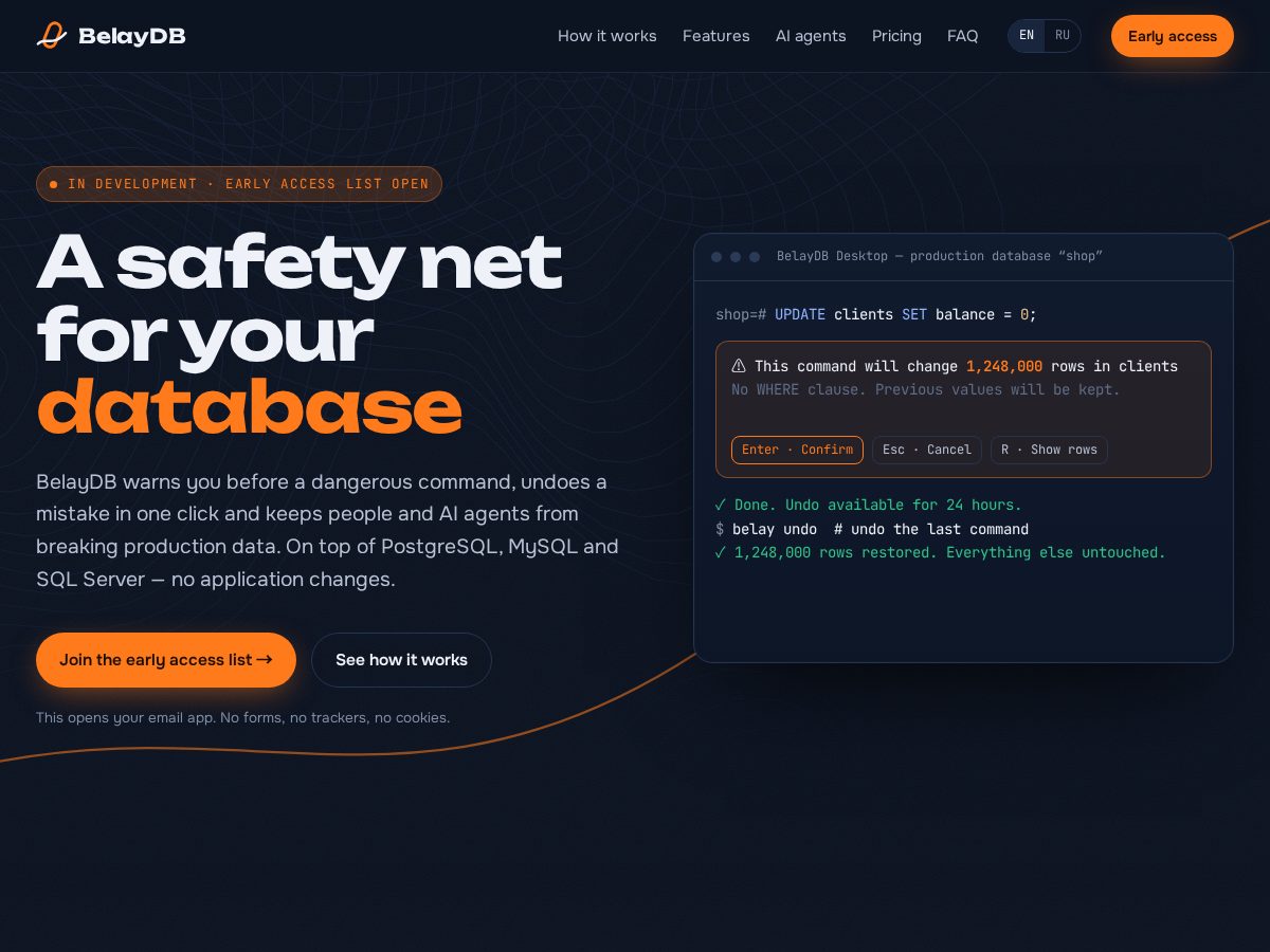 Landing-page snapshot of belaydb.com