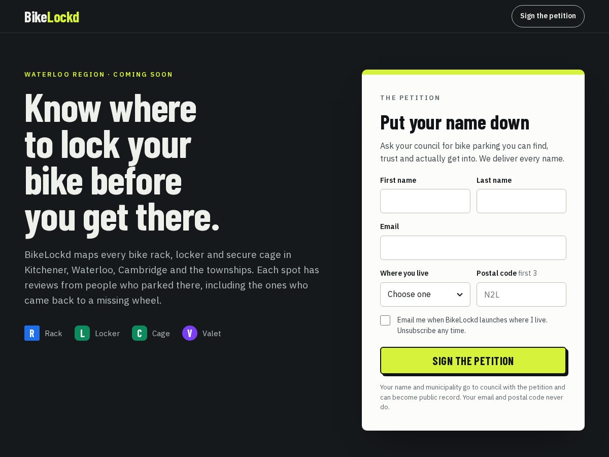 Landing-page snapshot of bikelockd.com