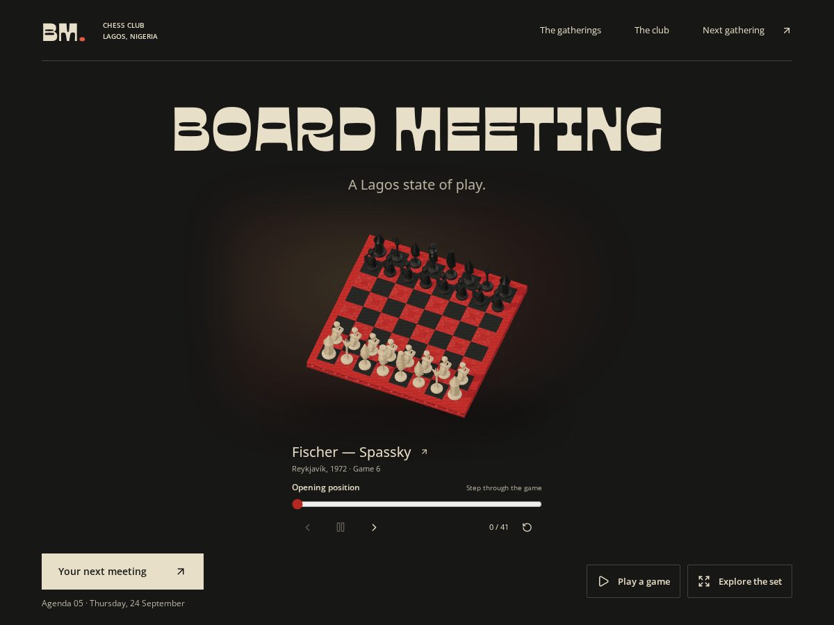 Landing-page snapshot of boardmeetingchess.com