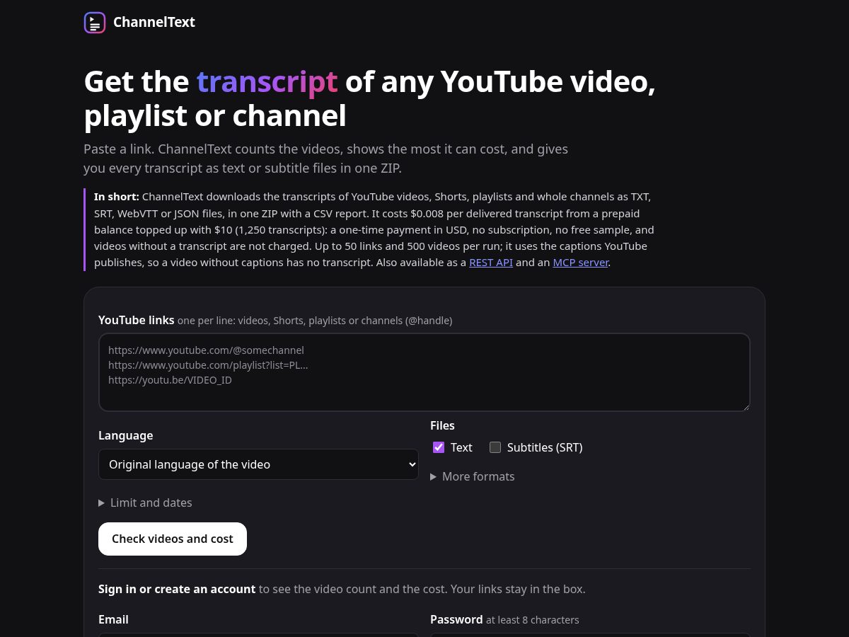 Landing-page snapshot of channeltext.com