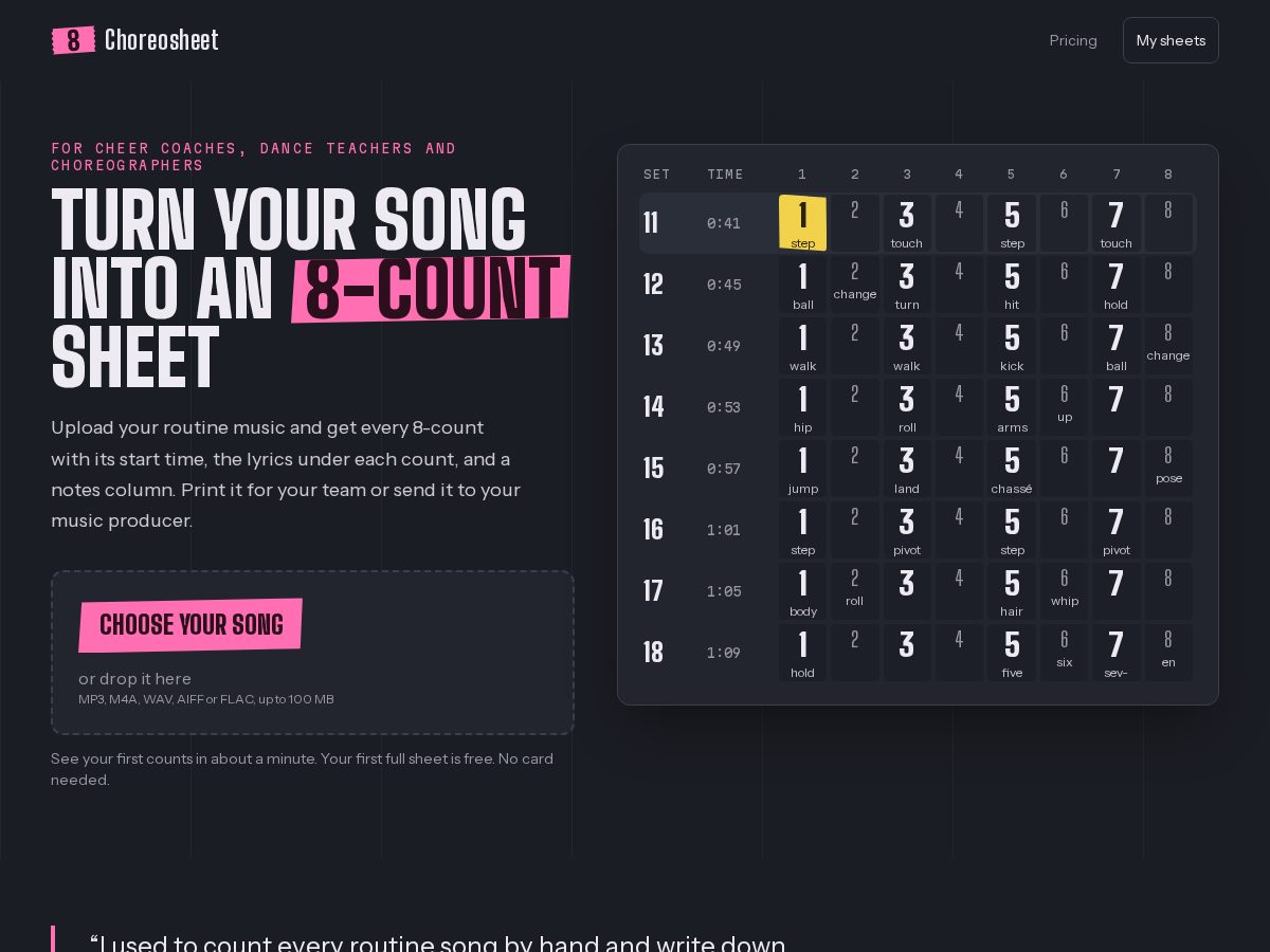 Landing-page snapshot of choreosheet.com