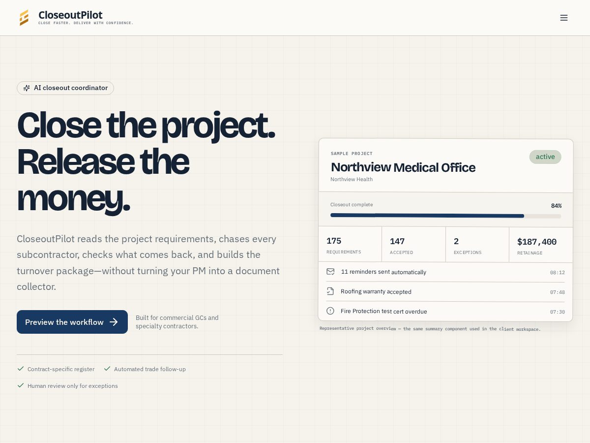 Landing-page snapshot of closeoutpilot.com
