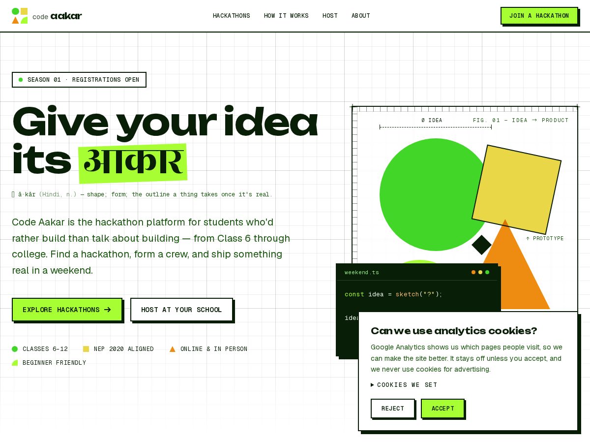 Landing-page snapshot of codeaakar.com