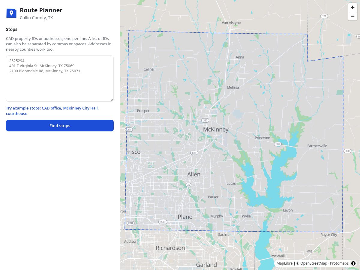 Landing-page snapshot of collincountyrouteplanner.com