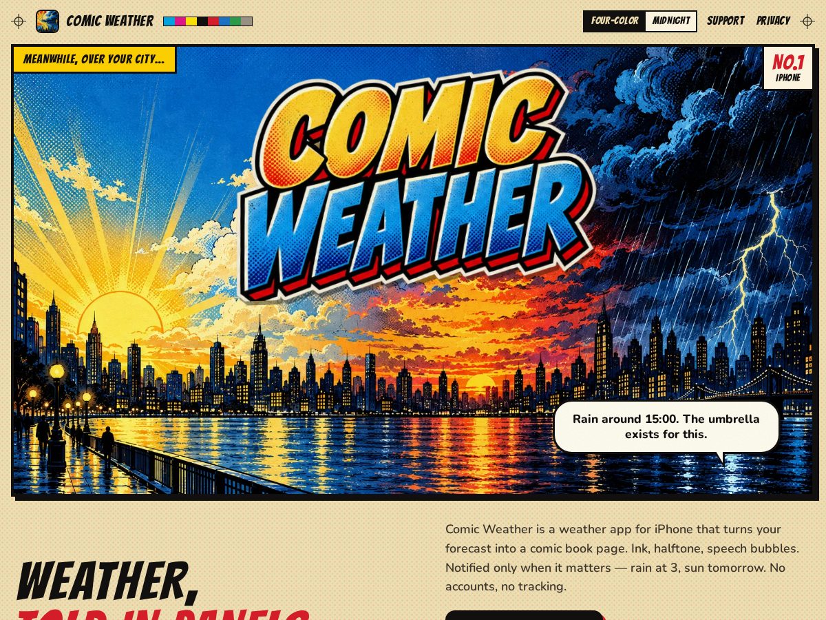 Landing-page snapshot of comicweather.app