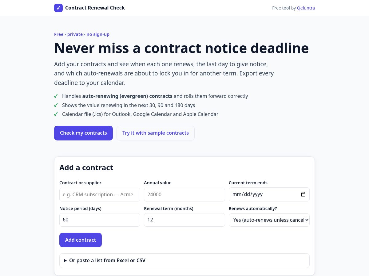 Landing-page snapshot of contractrenewalcheck.com