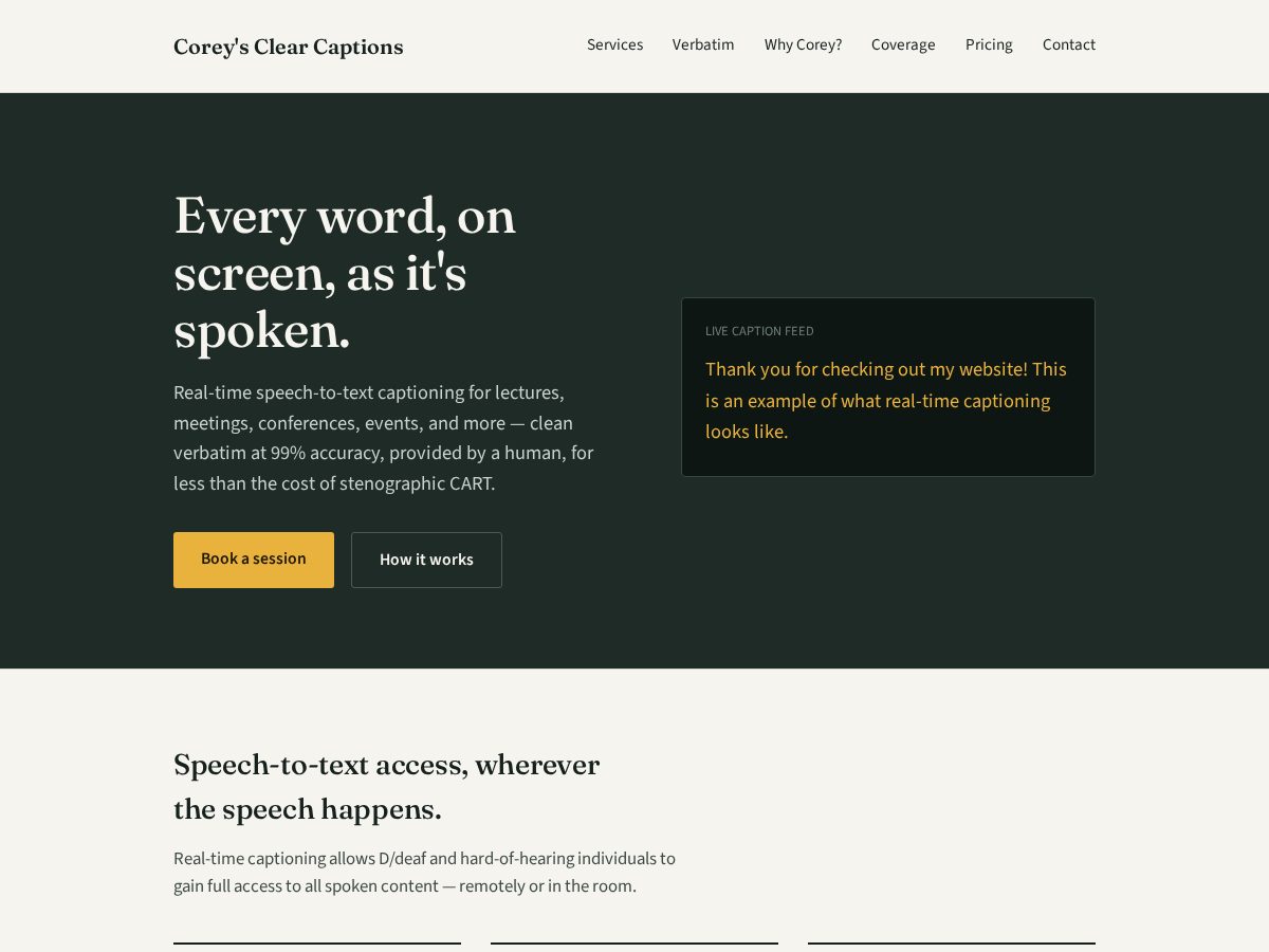 Landing-page snapshot of coreysclearcaptions.com