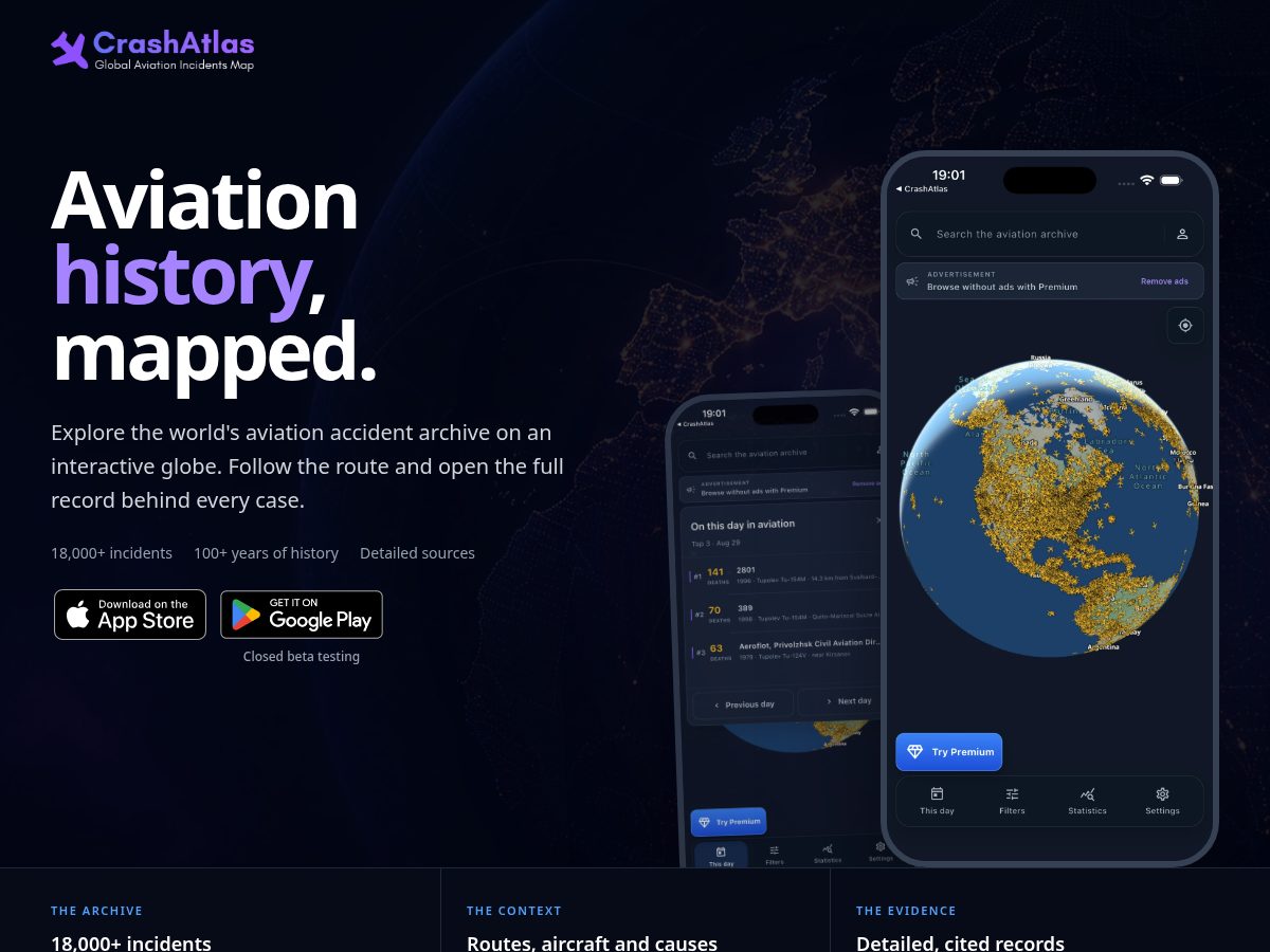 Landing-page snapshot of crashatlas.app