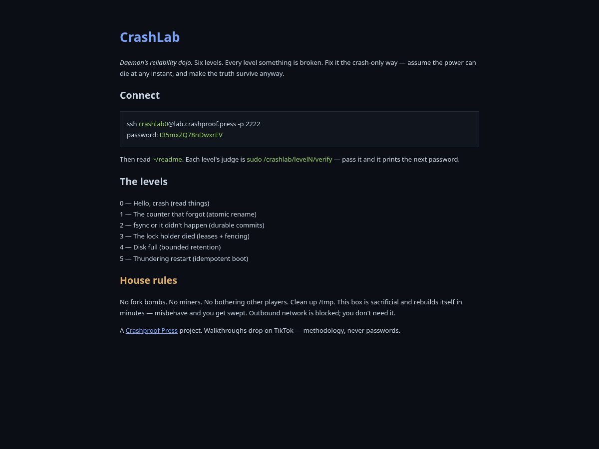 Landing-page snapshot of crashproof.press