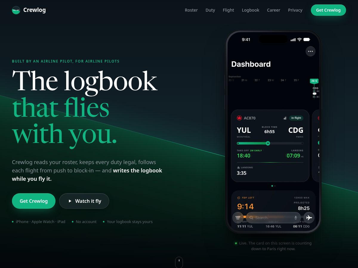 Landing-page snapshot of crewlogapp.com