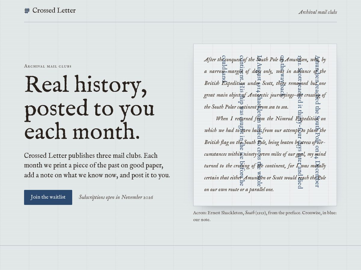 Landing-page snapshot of crossedletter.com