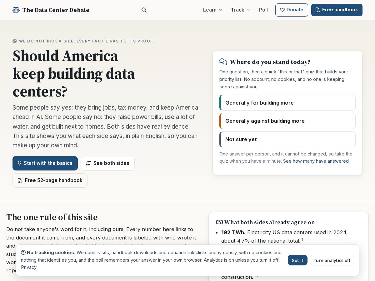 Landing-page snapshot of datacenterdebate.org