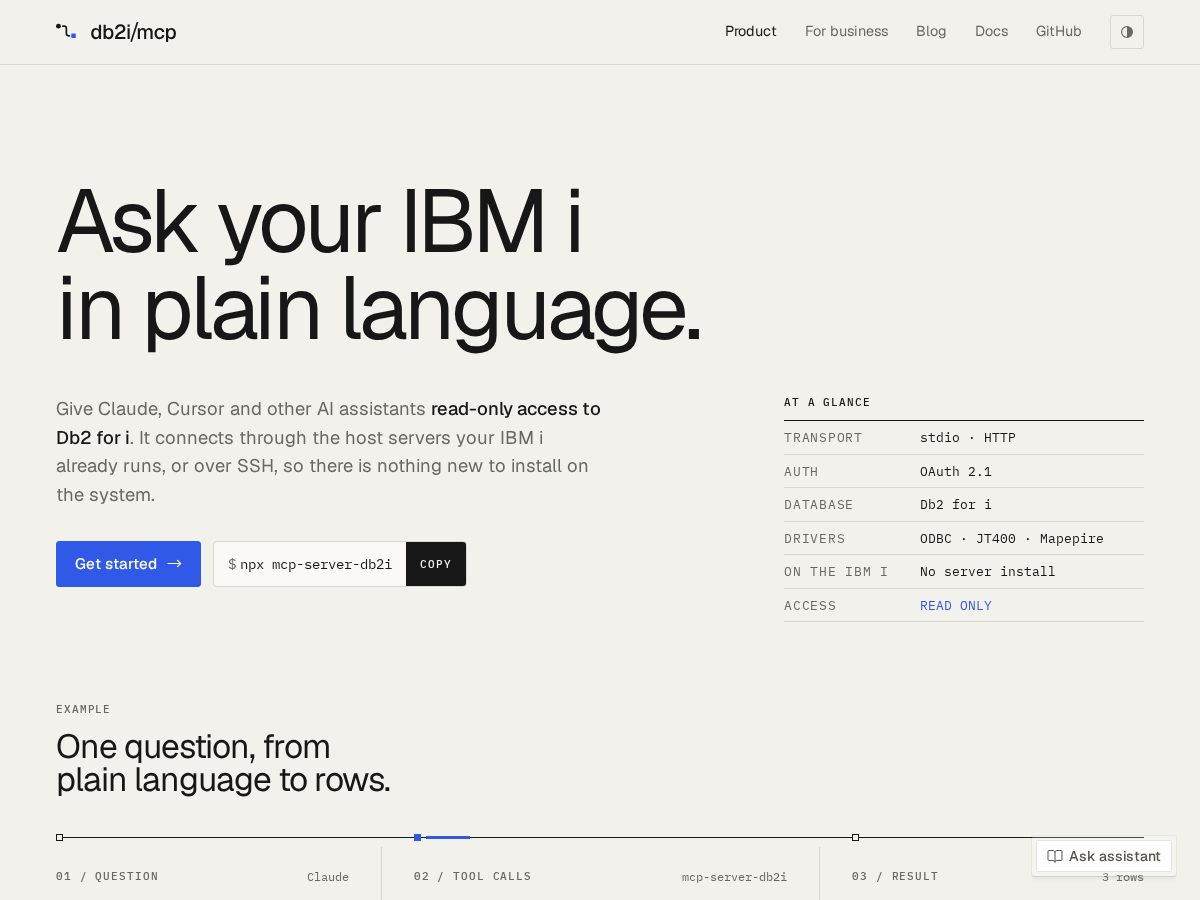 Landing-page snapshot of db2i-mcp.com