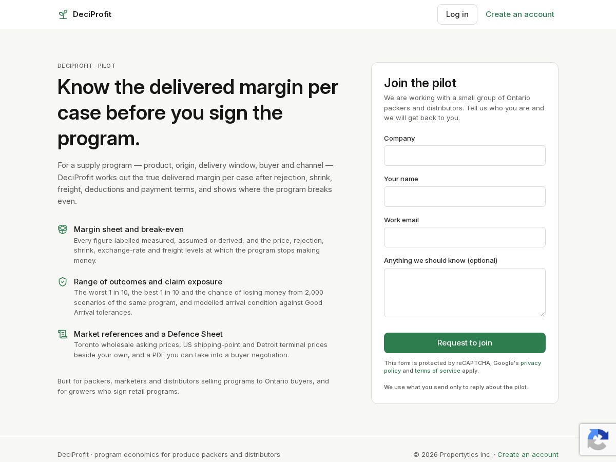 Landing-page snapshot of deciprofit.com