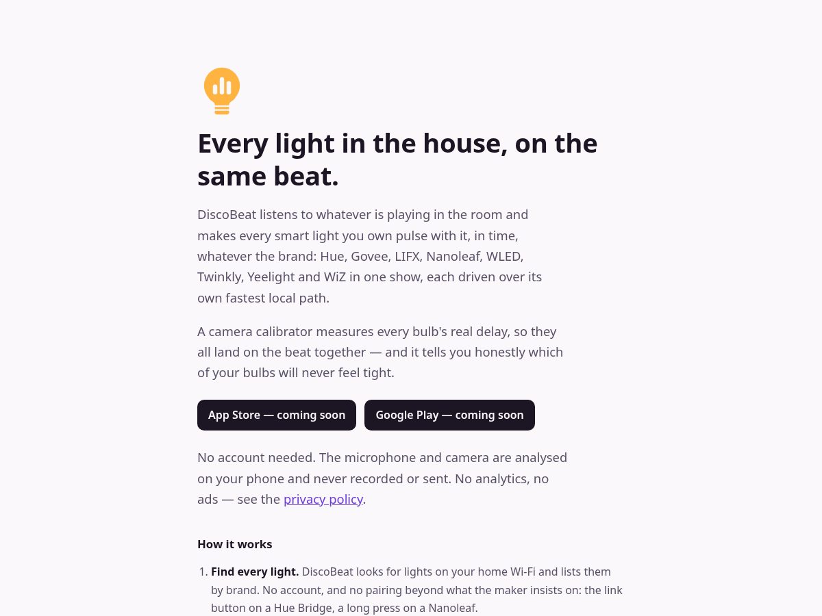 Landing-page snapshot of discobeat.app