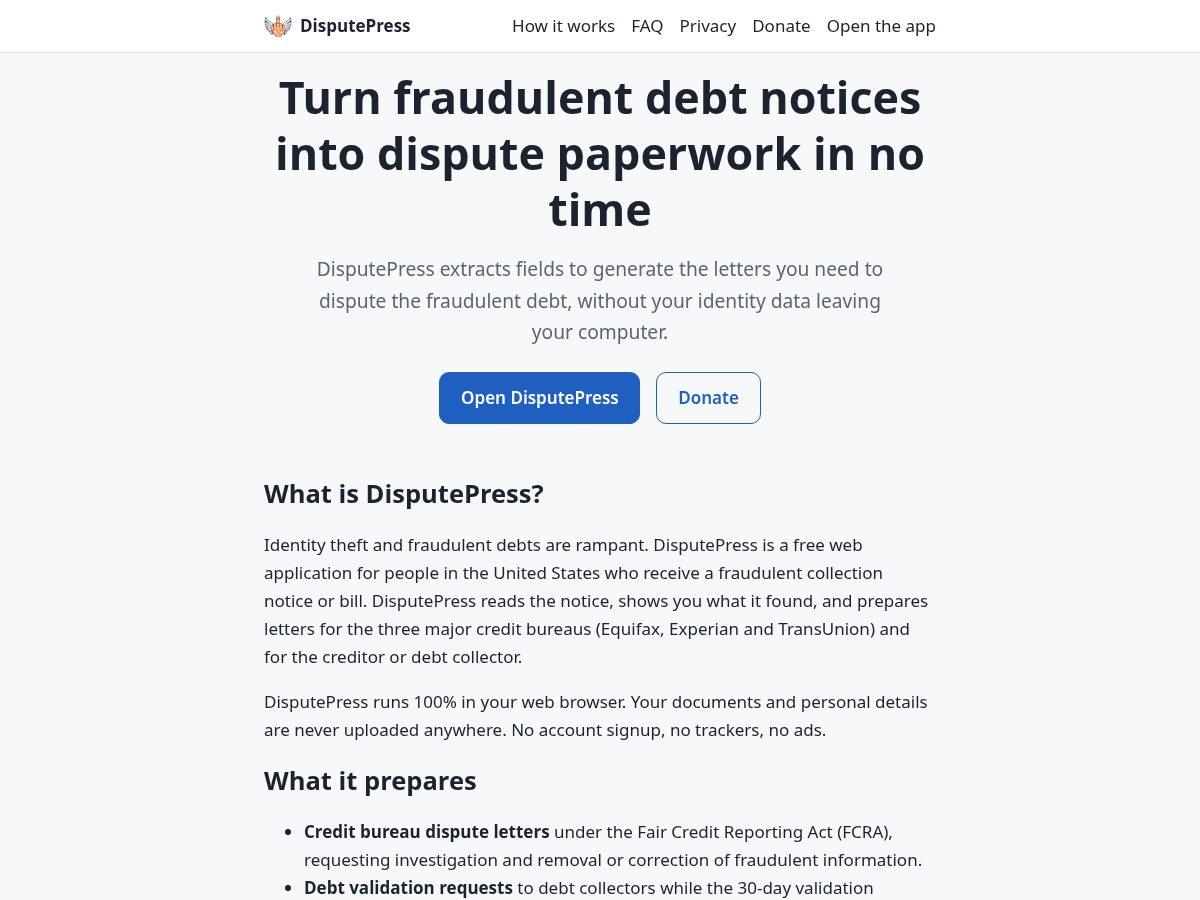 Landing-page snapshot of disputepress.com