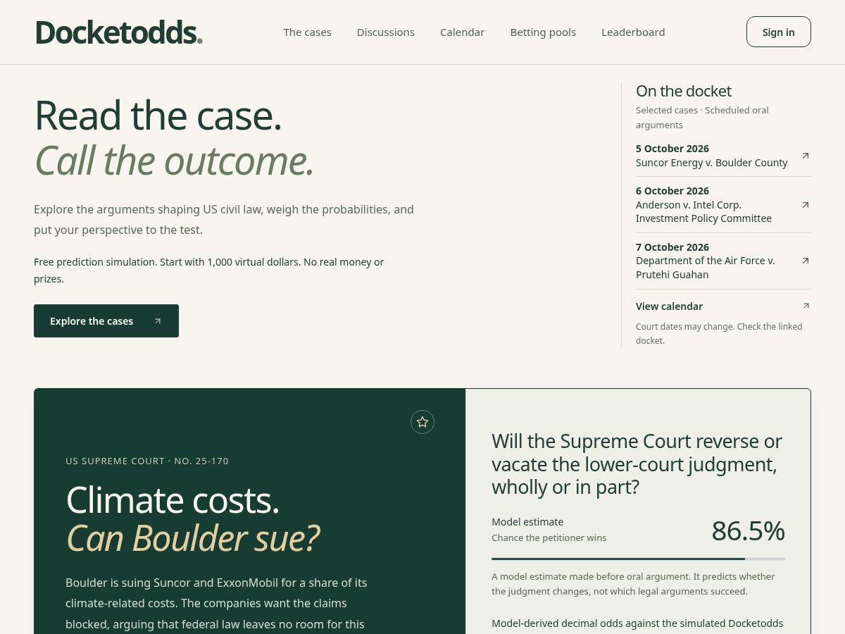 Landing-page snapshot of docketodds.com