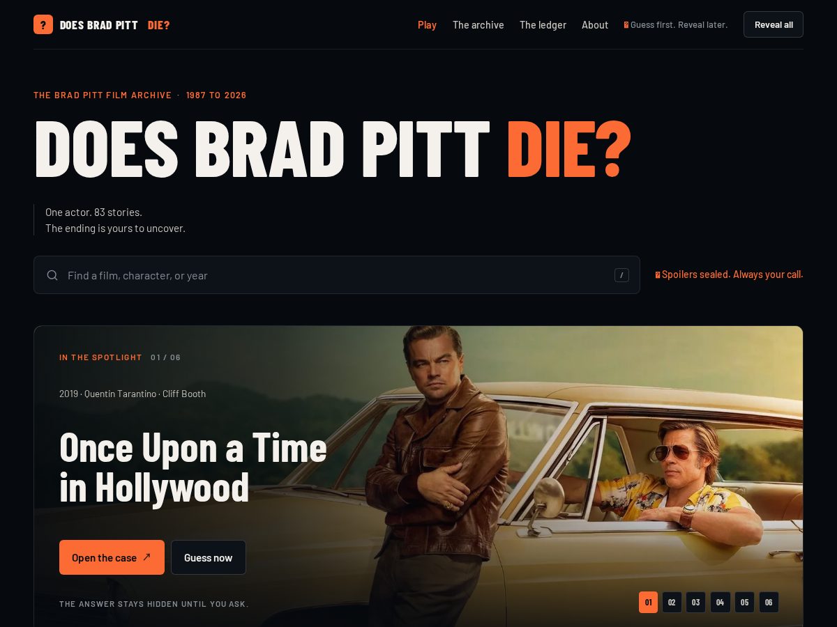 Landing-page snapshot of doesbradpittdie.com