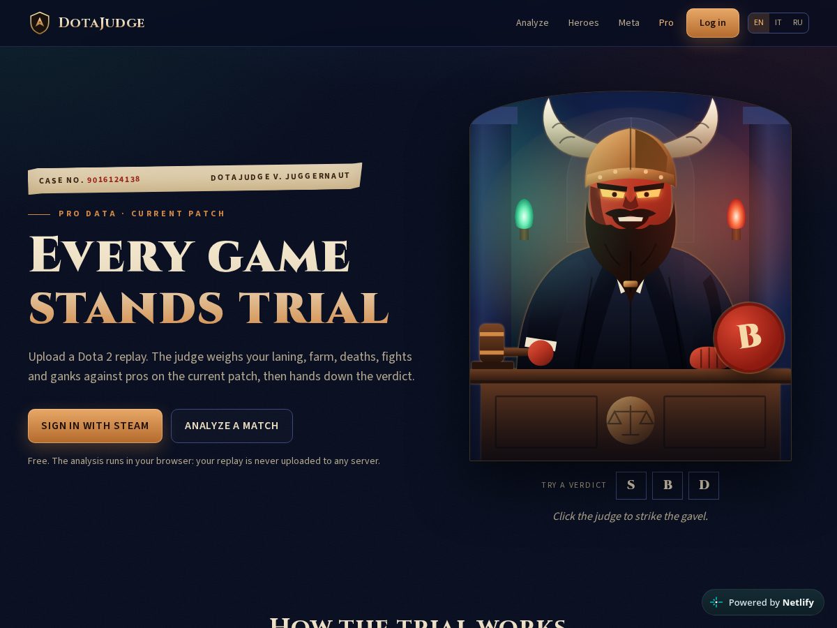 Landing-page snapshot of dotajudge.com