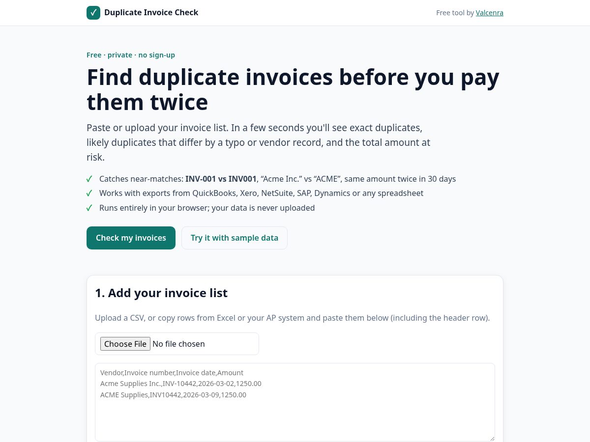 Landing-page snapshot of duplicateinvoicecheck.com