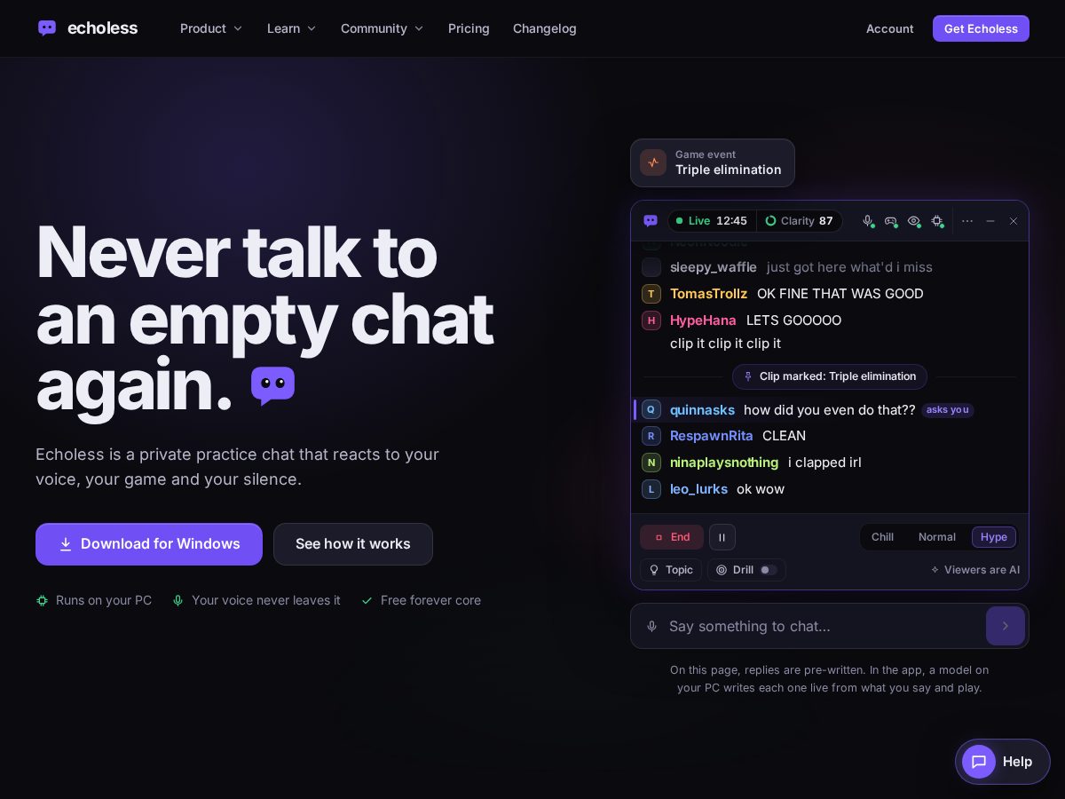 Landing-page snapshot of echoless.app
