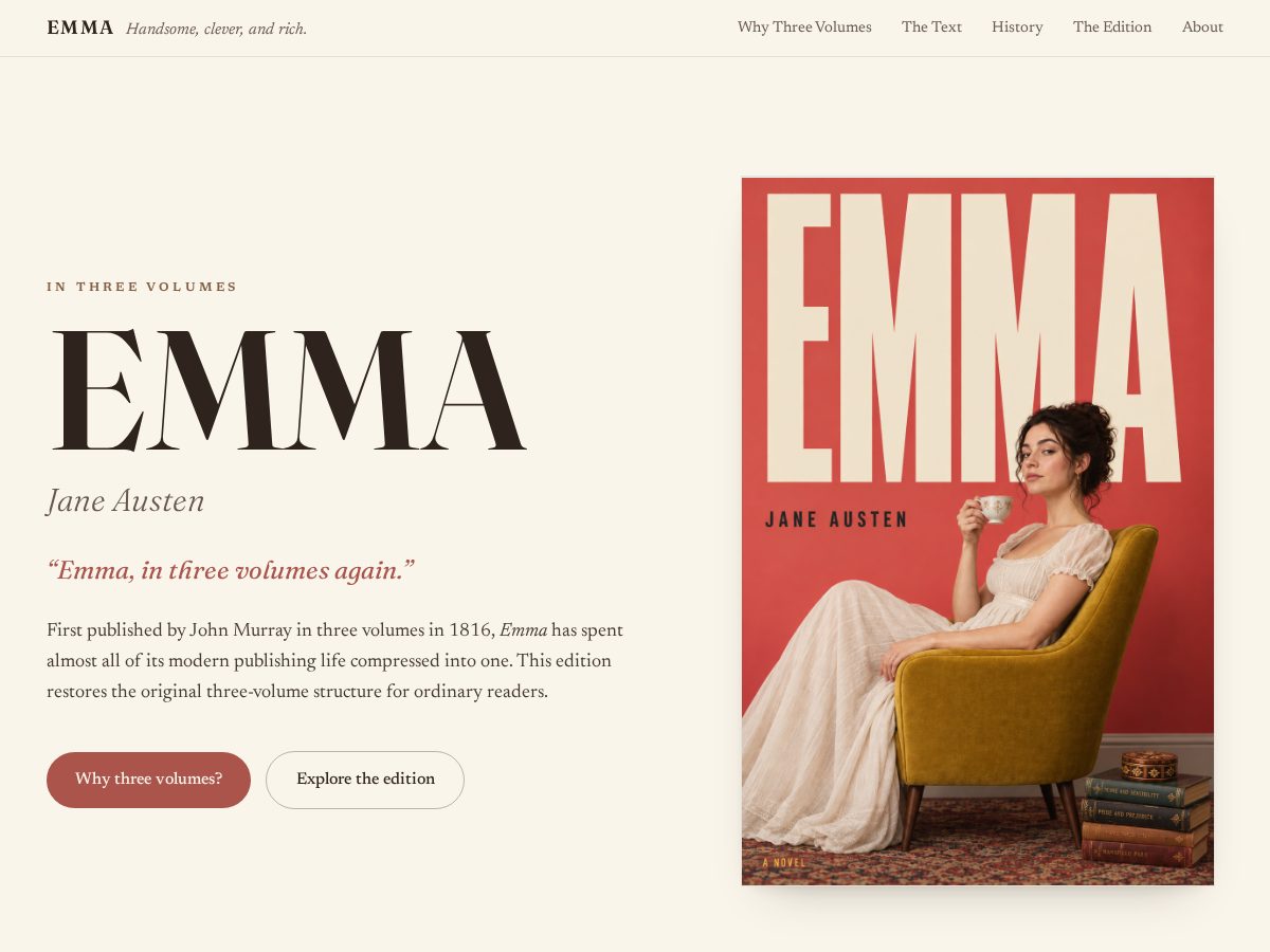 Landing-page snapshot of emmainthreevolumes.com