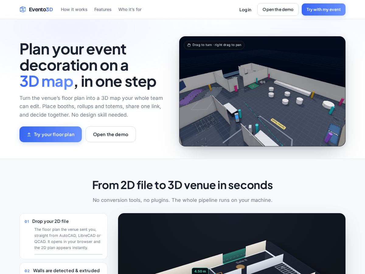 Landing-page snapshot of evento3d.com