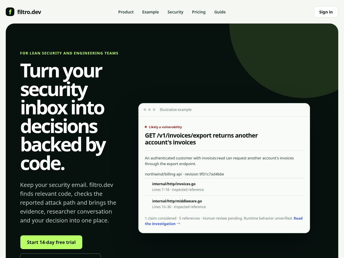 Landing-page snapshot of filtro.dev