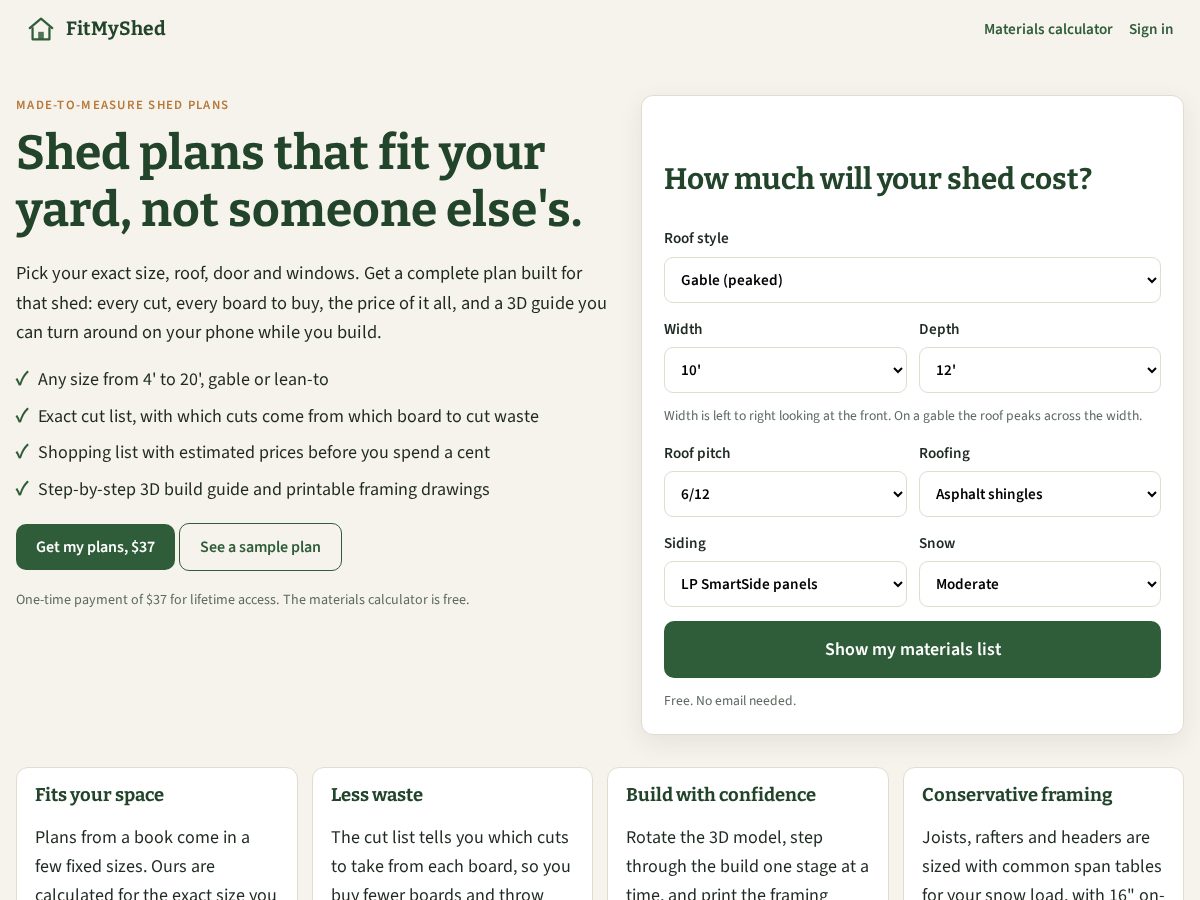 Landing-page snapshot of fitmyshed.com