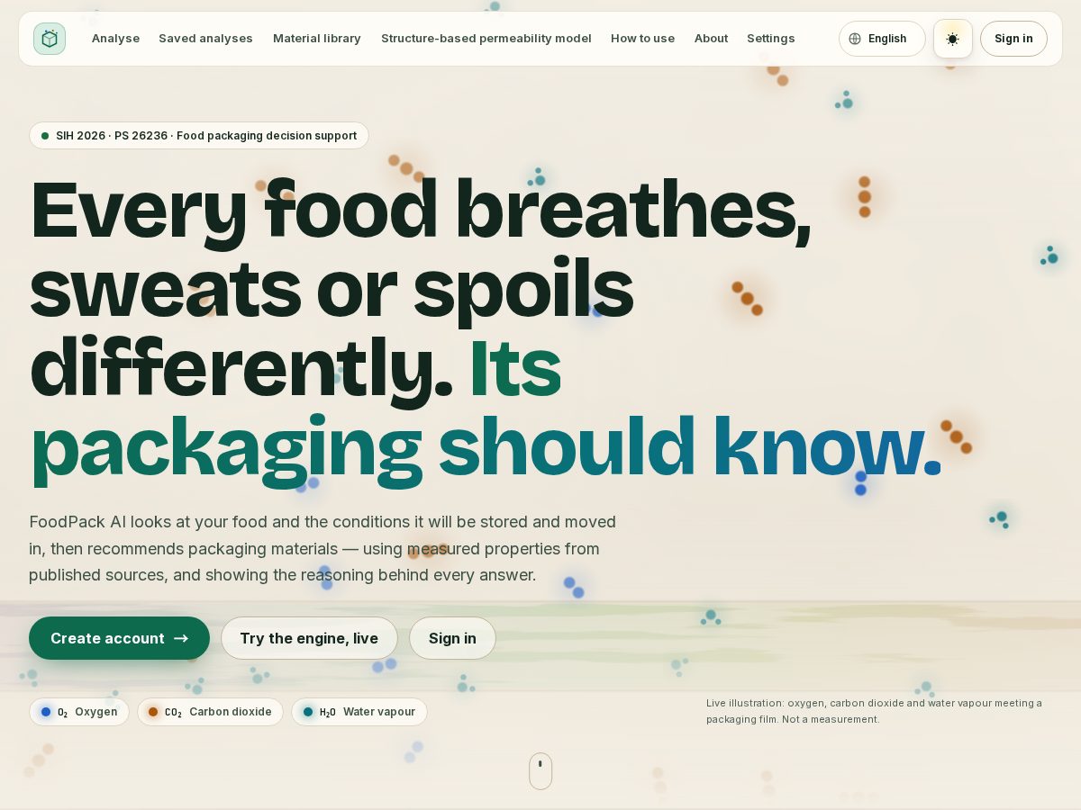 Landing-page snapshot of foodpackai.site