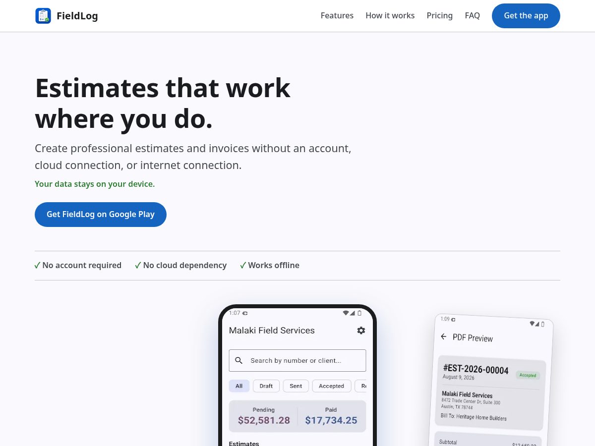 Landing-page snapshot of getfieldlog.app
