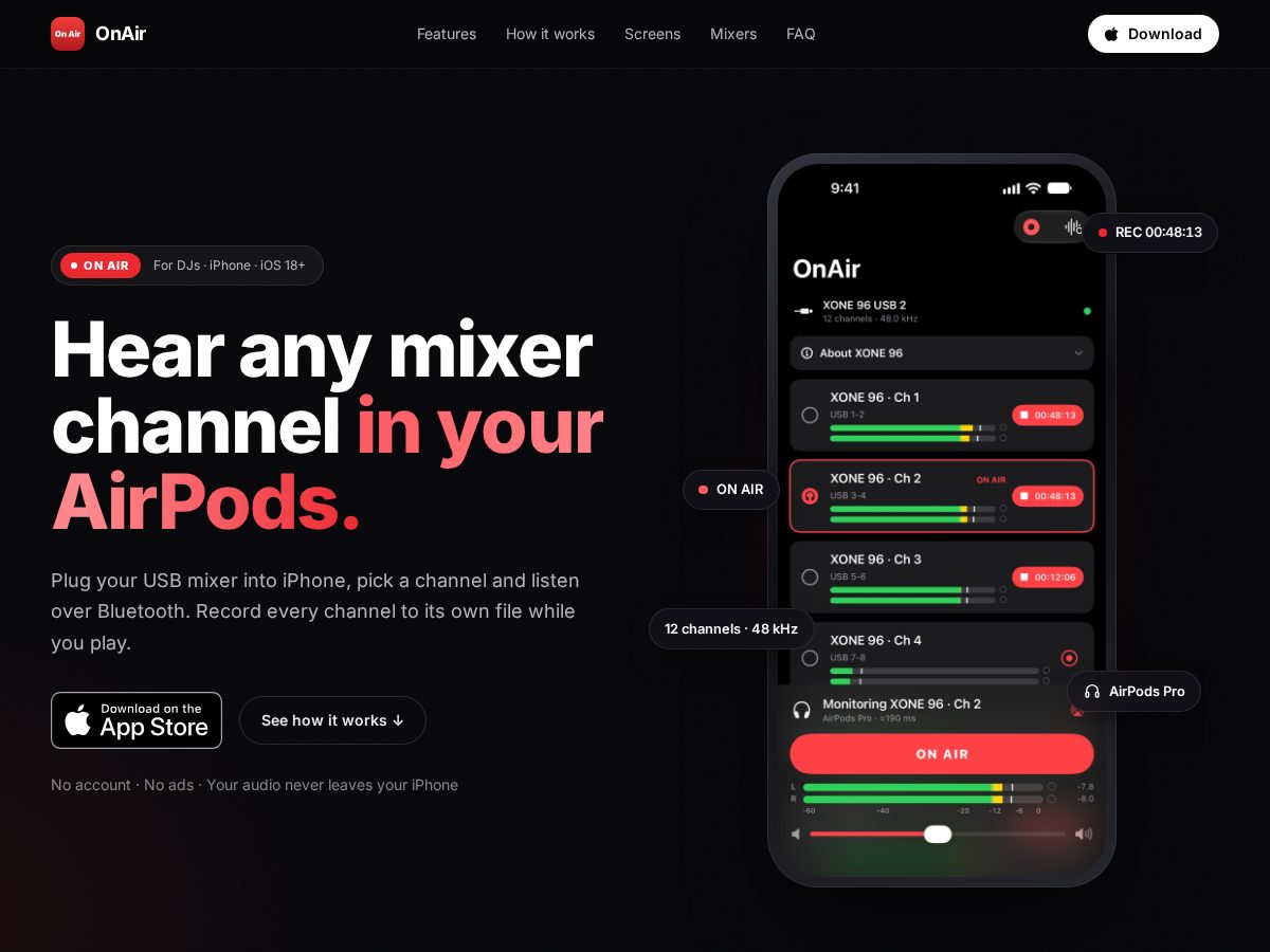 Landing-page snapshot of getonair.app