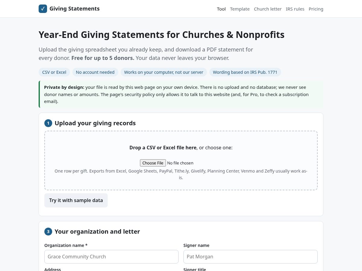 Landing-page snapshot of givingstatements.com