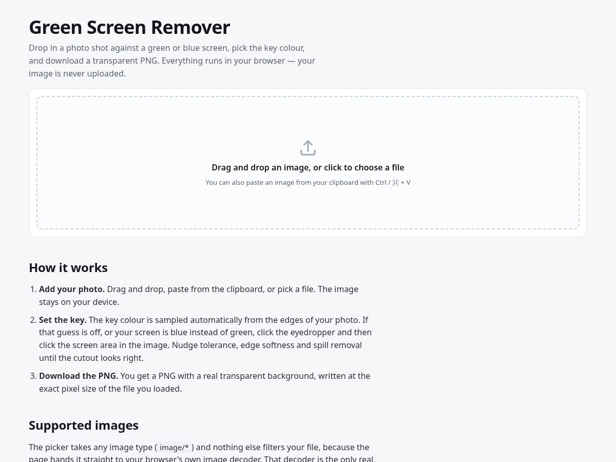 Landing-page snapshot of greenscreentool.com