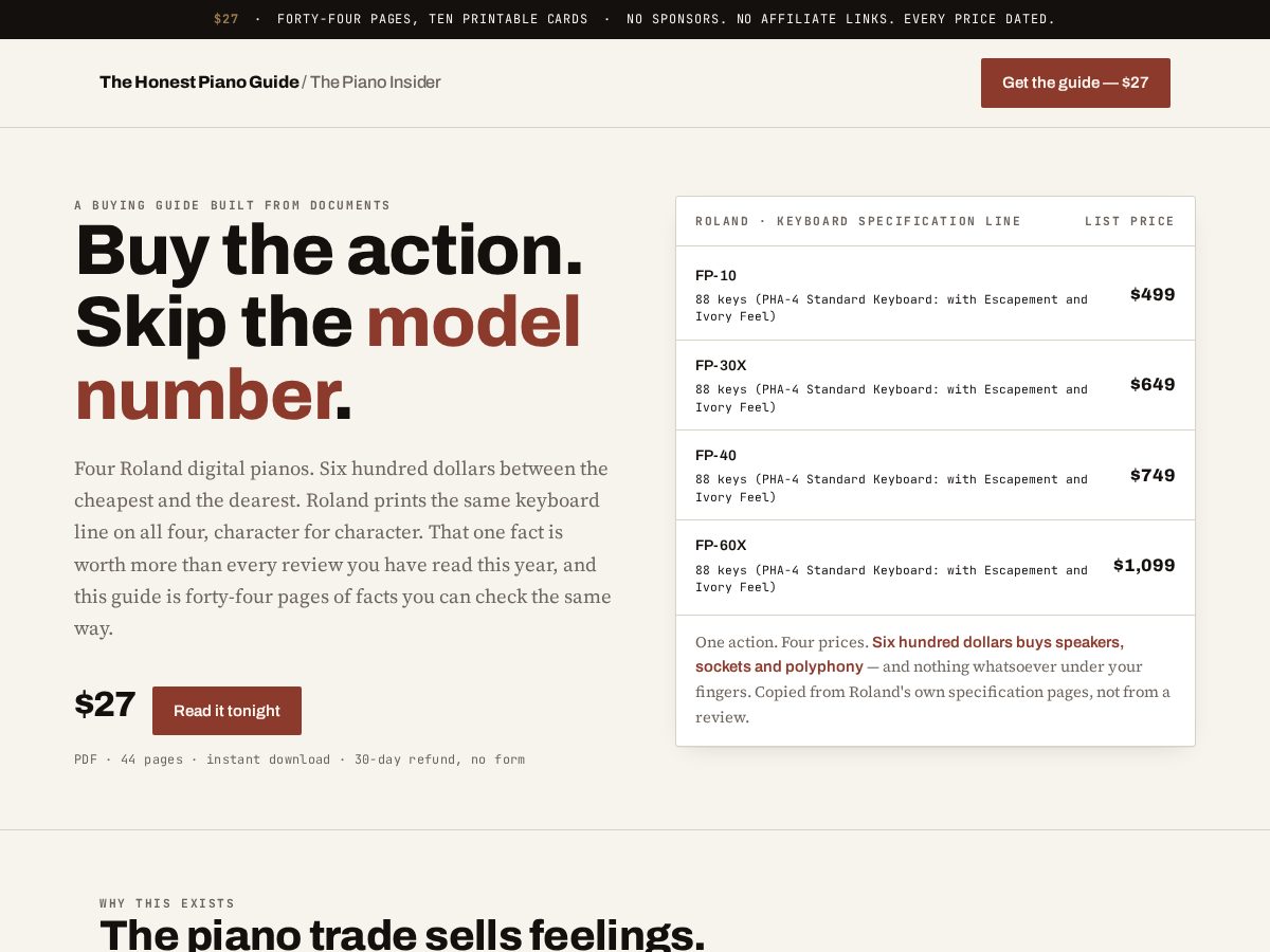 Landing-page snapshot of honestpianoguide.com