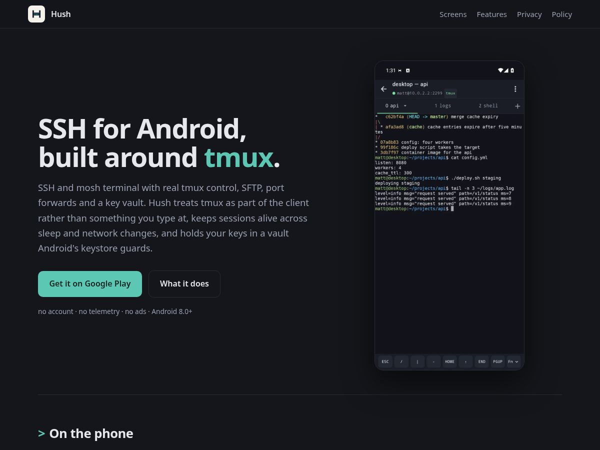 Landing-page snapshot of hushssh.app