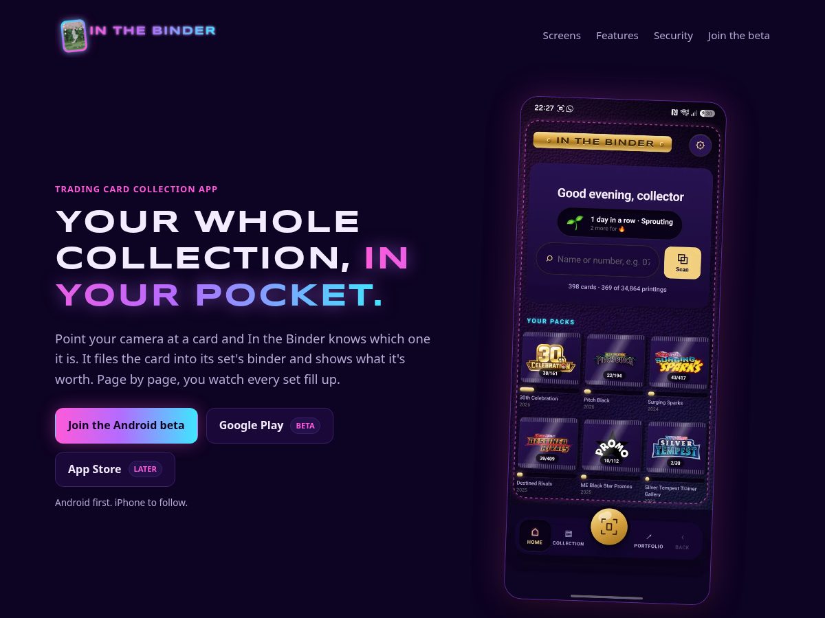 Landing-page snapshot of inthebinder.com