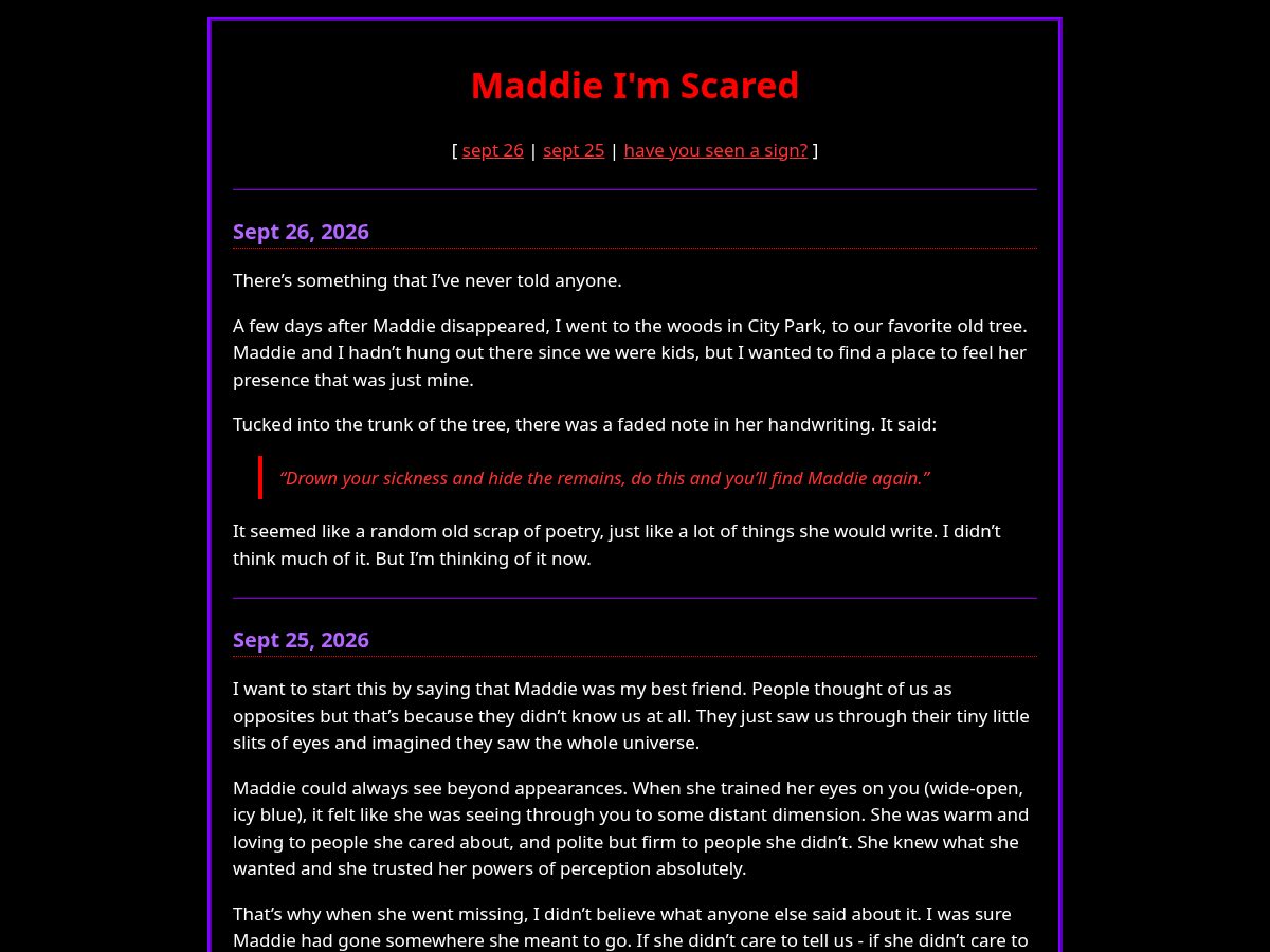 Landing-page snapshot of maddieimscared.com