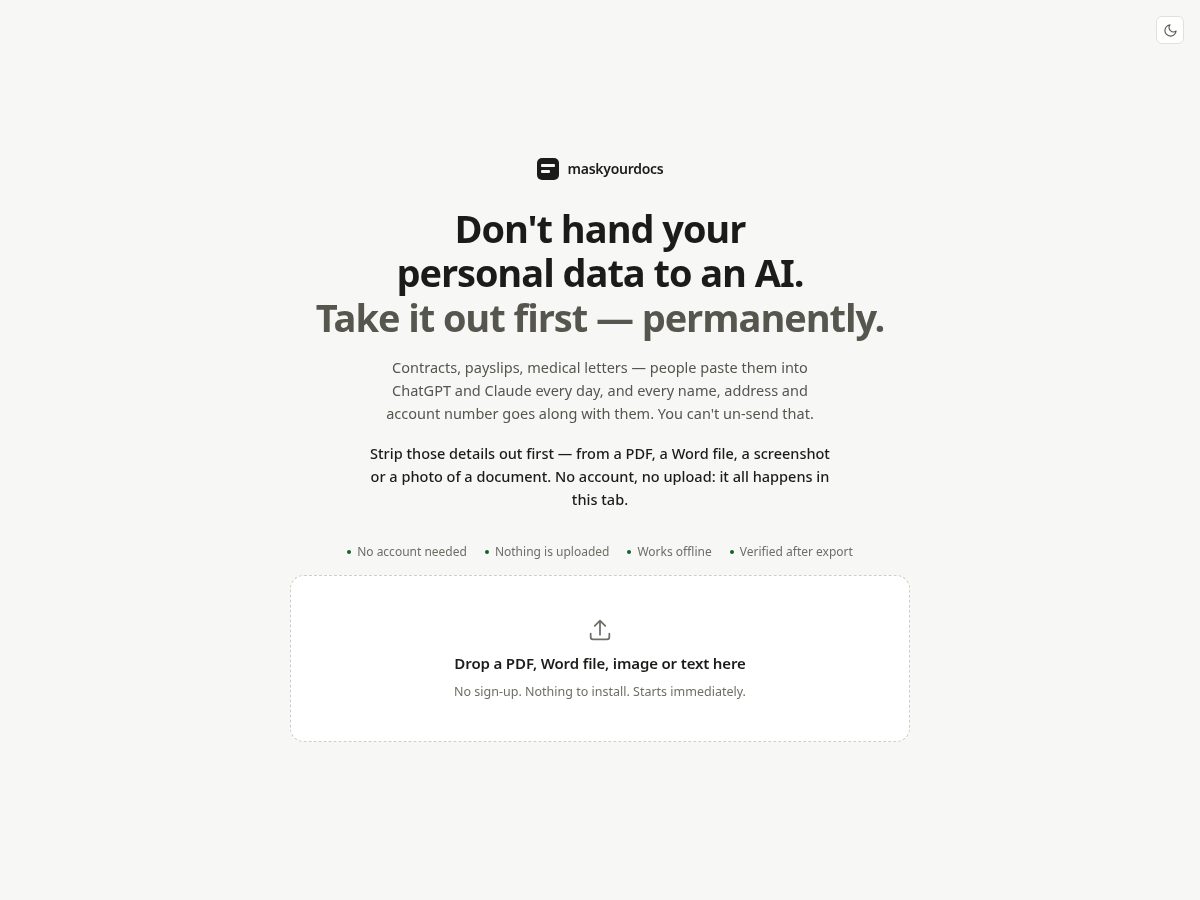 Landing-page snapshot of maskyourdocs.com