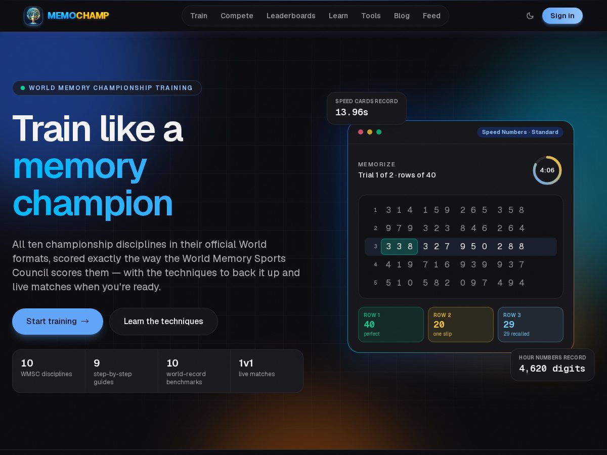 Landing-page snapshot of memochamp.com