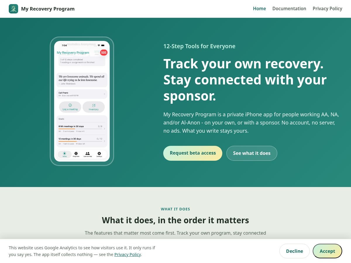 Landing-page snapshot of myrecoveryprogram.app