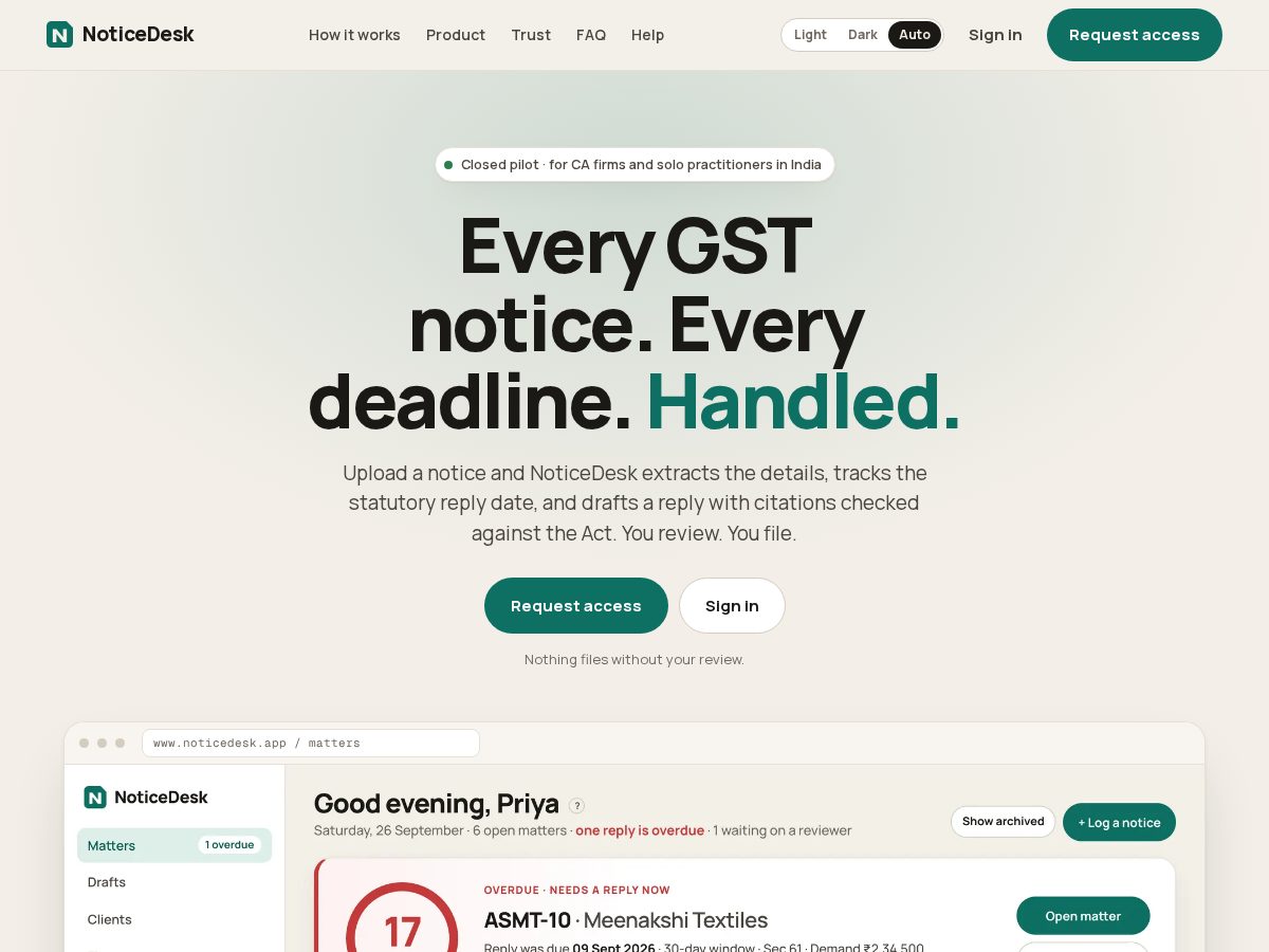 Landing-page snapshot of noticedesk.app
