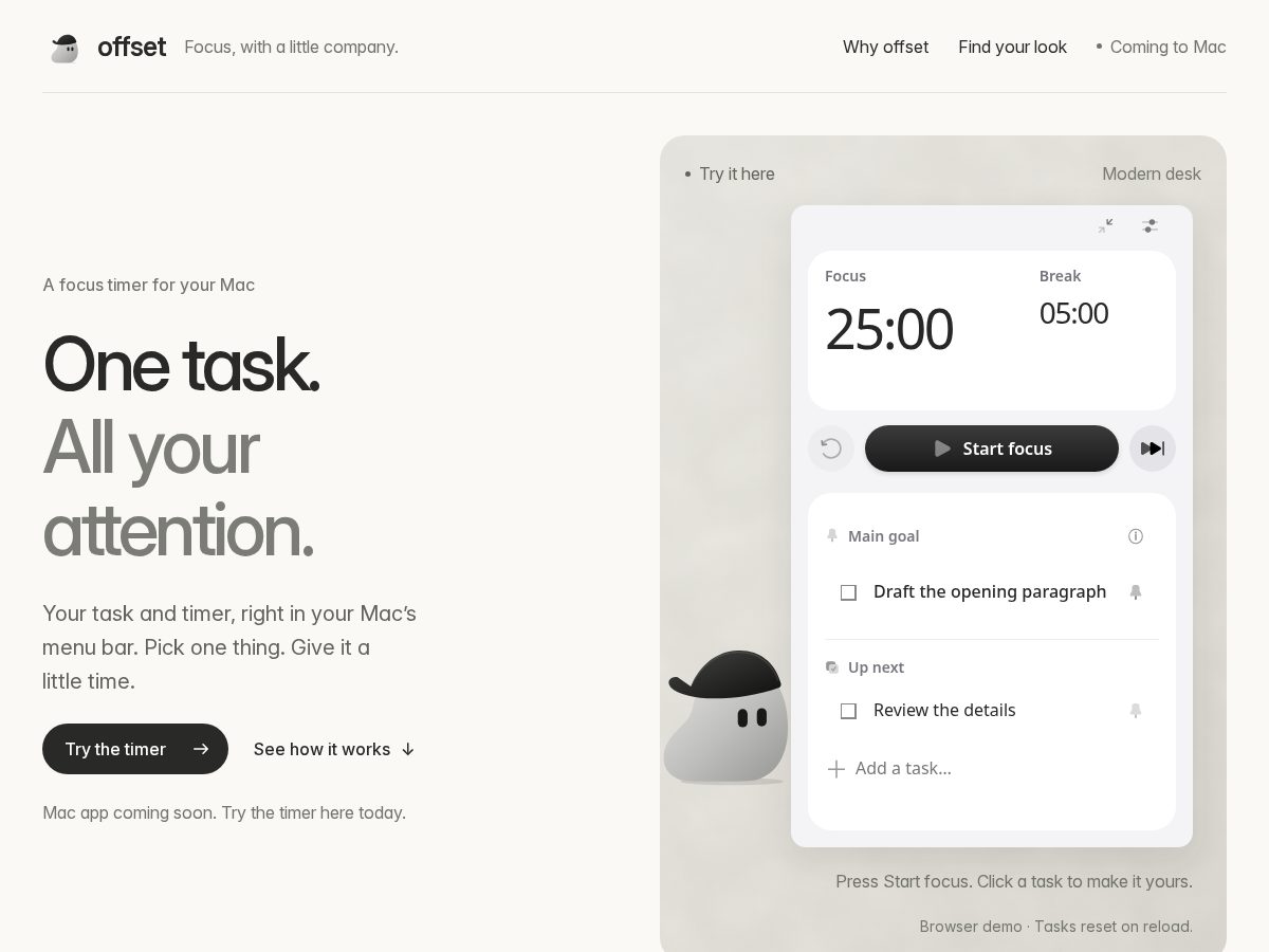 Landing-page snapshot of offsettimer.app
