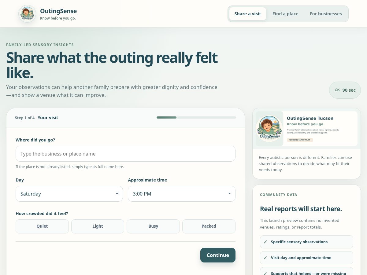 Landing-page snapshot of outingsense.com