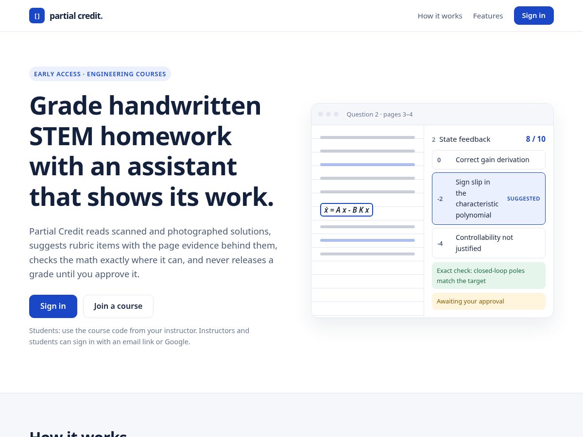 Landing-page snapshot of partialcredit.app