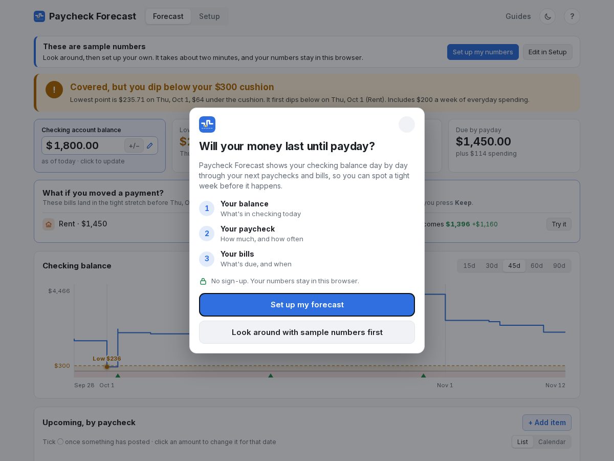 Landing-page snapshot of paycheckforecast.com